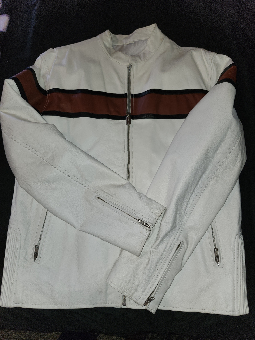 Men's White Wilsons Leather Moto Jacket with Brown Stripe Size L